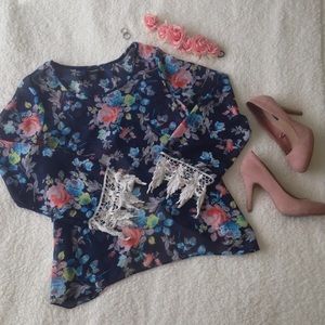 Flowy Floral Blouse with Crocheted Cuffs